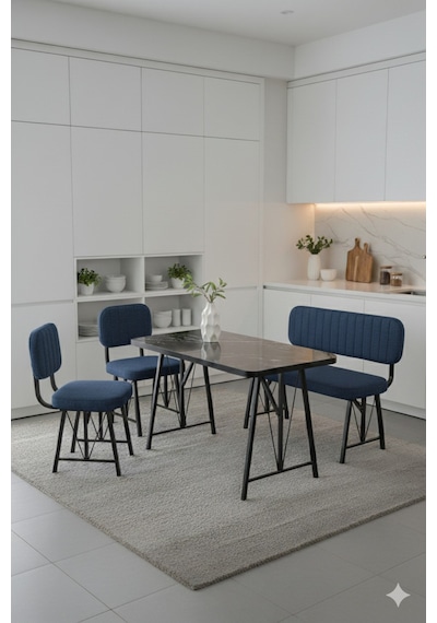 Elfin 70x110 Siyah Sabit, 2 Sandalye 1 Bench, Masa Sandalye Takımı, Mutfak Masası Takımı - Lacivert Elfin 70x110 Siyah Sabit, 2 Sandalye 1 Bench, Masa Sandalye Takımı, Mutfak Masası Takımı - Lacivert