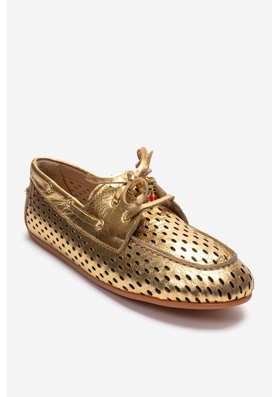 Luvishoes Stevo Altın Hakiki Deri Delikli Bağcıklı Kadın Loafer Ayakkabı