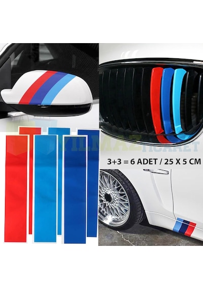 Bmw M Ayna Şerit Ön Izgara Marşpiyel Sticker Yapıştırma Logo 6 Ad 25 X 5 Cm (3+3 6 Adet)