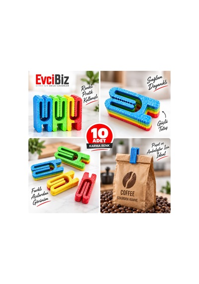 Evcibiz Poşet Paket Mandalı Klipsi 10'lu Karma Renk Pla Çevre Dostu Kese Ve Ambalaj Mandalı