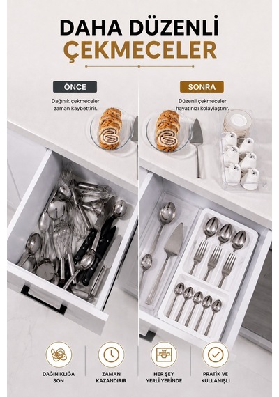 Çekmece İçi Kaşıklık Organizer Bölmeli Mutfak Düzenleyici Beyaz S-11030
