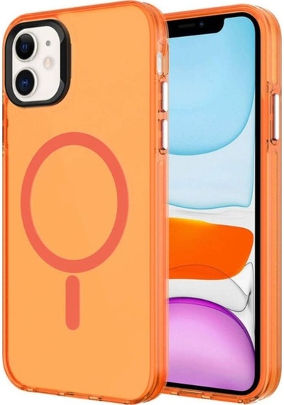 Apple Uyumlu iPhone 11 Kılıf Zore M-safe Şarj Özellikli Buzlu Transparan C-pro Sert Kapak Turuncu