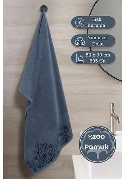 Pamuk Tekli Havlu Jakarlı Karna Home Klover - 50 X 90 Mavi