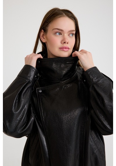 Oversize Bayan Deri Ceket Kısa Vb-22-bk-2847-24114 Siyah