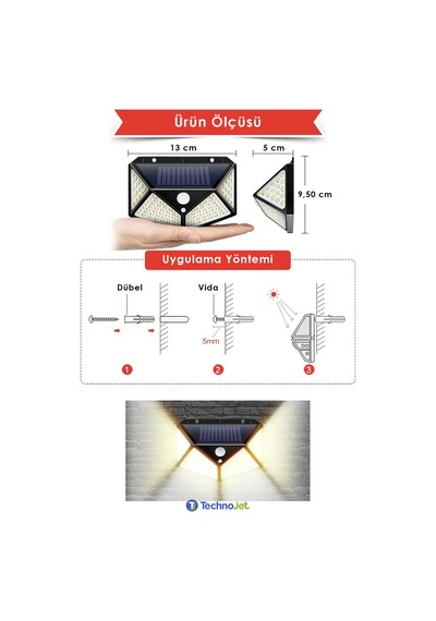 Technojet 1Adet 100 Ledli Solar Sarı Işık Güneş Enerjili Bahçe Lambası Hareket Sensörlü
