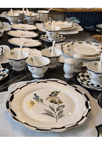 48 Parça Porselen Black Flower Kahvaltı Seti-5407 Siyah