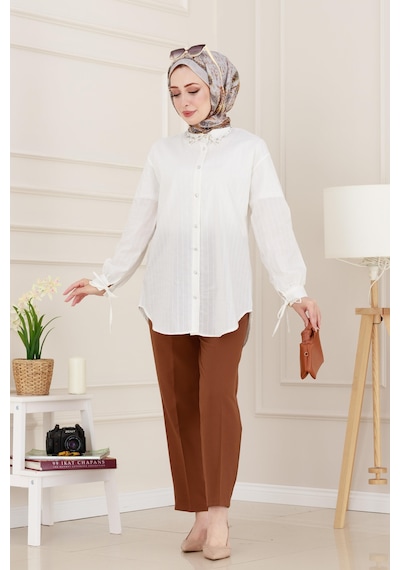Sevitli Taş Detaylı Hilal Tunik-beyaz-4956 Beyaz