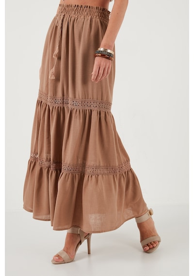 Lela Güpürlü Beli Lastikli Uzun Bayan Etek 611Et0106 Camel