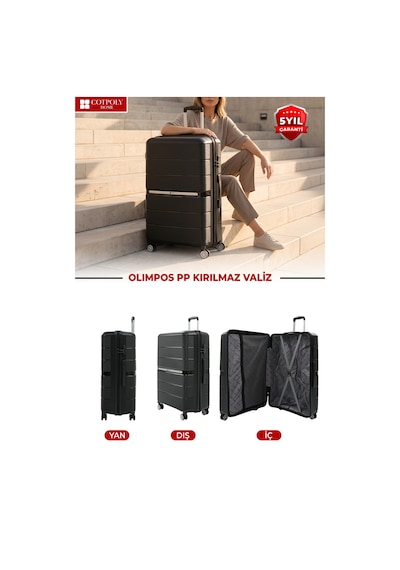 Cotpoly Home Olimpos Pp Polipropilen Kırılmaz Orta Boy Valiz 360 Döner Sessiz Tekerlekli Siyah