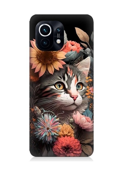 Xiaomi Mi 11 Uyumlu Çiçekler Ve Kül Gri Kedi Desenli Silikon Kılıf