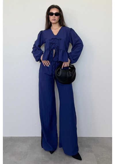 Madmext Lacivert Önü Bağlamalı Bluz Pantolon Takımı Mg2343 Lacivert