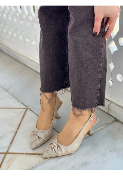 Ervanın Butiği Bej Kırışık Deri Bow Fiyonk Detay Kadın Stiletto-6094