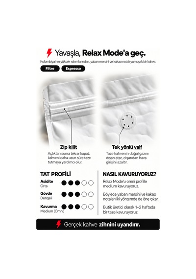 Relax Mode Kolombiya Filtre Ve Espresso Kahve 200 Gr %100 Arabica Yıkanmış - Espresso Makinesi İçin Öğütülmüş