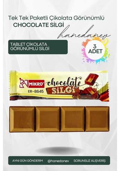 3 Adet Çikolata Silgi - Çikolata Şekilli Çikolata Görünümlü Silgi Tek Tek Paketli