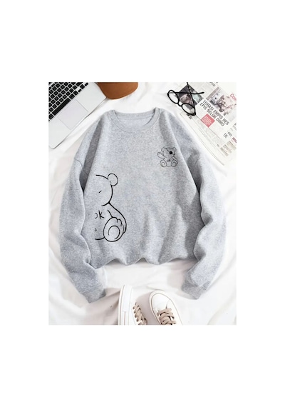 Herkesemoda Ayıcık Desen Detaylı Bisiklet Yaka İçi Polarlı Sweatshirt Gri