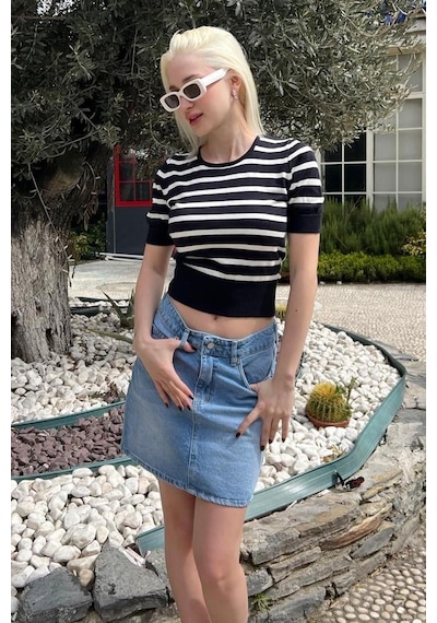Seeh Lacivert Bisiklet Yaka Çizgili Kadın T-shirt Sh371 Baskılı