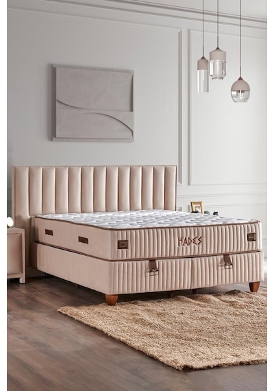 Hades Yatak Baza Ve Başlık Seti 90x190 Cm Tek Kişilik Paket Yaylı Lüks Yatak Krem Baza Başlık