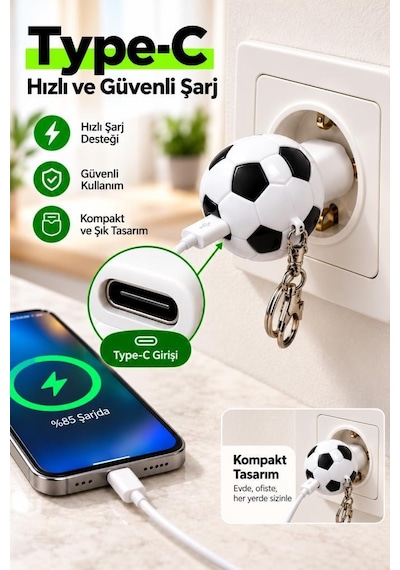Torima Şarj Adaptörü Futbol Topu Görünümlü Anahtarlıklı 20w Hızlı Şarj Cihazı C41 Beyaz Siyah