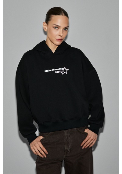 Grımelange Teraly Kadın Organik Pamuklu Polarlı Kumaşlı Baskı Detaylı Siyah Sweatshirt Siyah