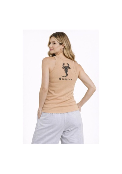 Mbb E-ticaret Kadın Fitilli Atlet Sıfır Yaka Slim Fit Arka Baskılı Spor Atlet - Bej