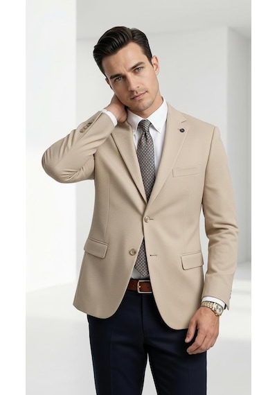 Plus Scorpion Ck 142 Slim Fit Mikro Desenli Erkek Ceket Yazlık Pike Kumaş Çift Yırtmaç Blazer Bej