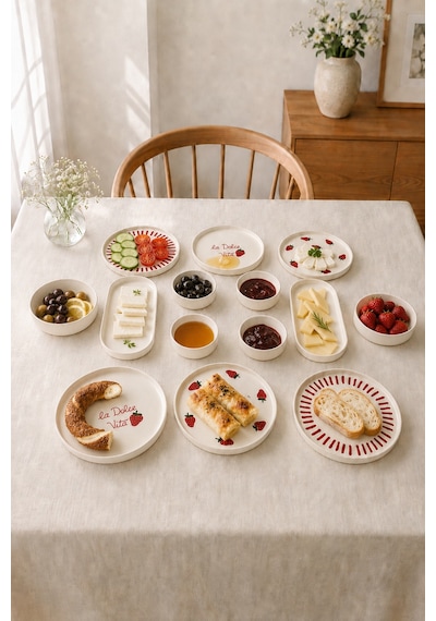 Vita Berry 14 Parça 6 Kişilik Stackable Seramik Kahvaltı Takımı - Çilek Desenli Lüx Kahvaltılık Sunum Seti Beyaz