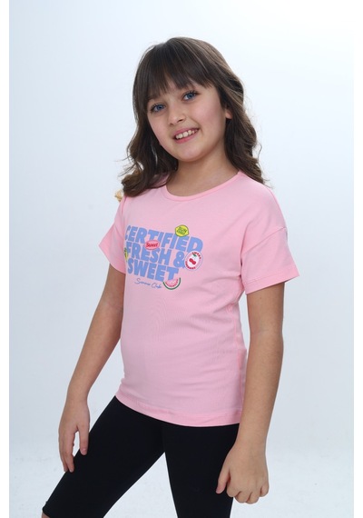 Toontoy Kids Toontoy Kız Çocuk Bisiklet Yaka Düşük Omuz Kısa Kollu Baskılı Tişört 24976 Pembe
