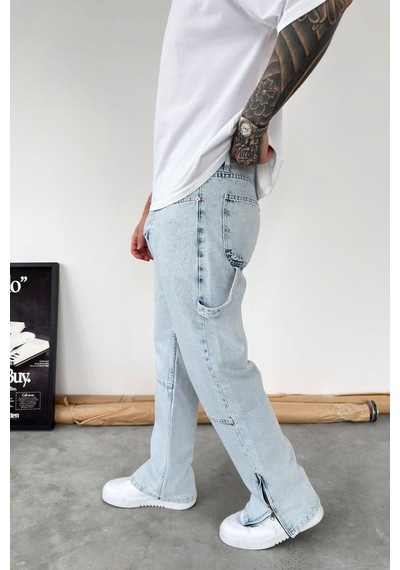 Buz Mavi Paça Fermuar Detay Baggy Pantolon