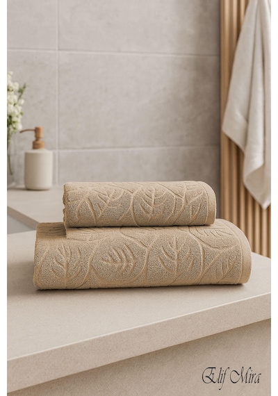 Banyo & Yüz Havlusu Seti Dokulu %100 Pamuk 90x150 + 50x90 Cm Foliva Bej