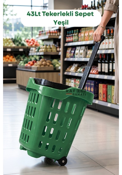 43 Lt Tekerlekli Market Sepeti Plastik Alışveriş Sepeti Ergonomik Çift Saplı Yeşil