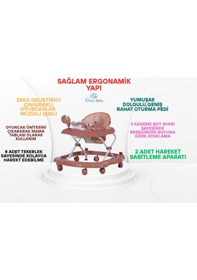 3 Kademe Müzikli Mama Tablalı Bebeğin İlgisini Çekecek Çıngıraklı Oyuncaklı Yürüteç Örümcek