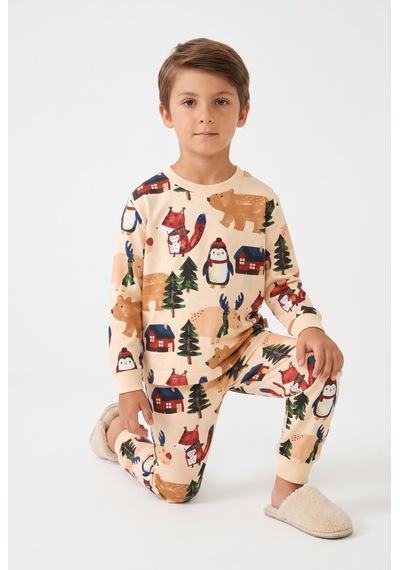Minipomes Jungel Animals Pamuklu Çocuk Pijama Takım Bej
