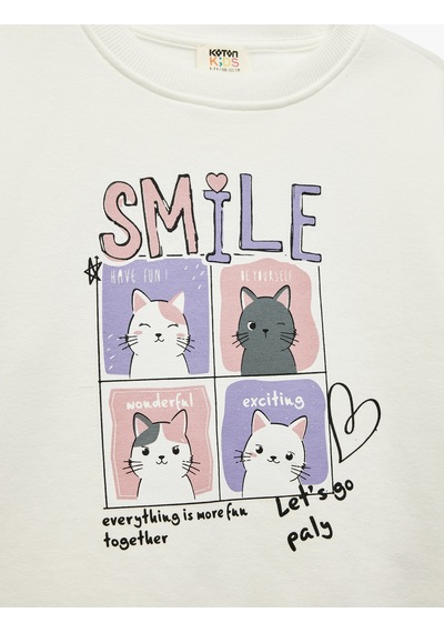 Koton Uzun Kollu Bisiklet Yaka Kedi Baskılı Şardonlu Sweatshirt Ekru 6wkg10574ak