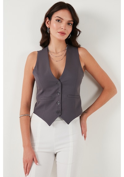 Lela Fitted Fit Düğmeli V Yaka Düğmeli Bayan Yelek 6696796 Füme