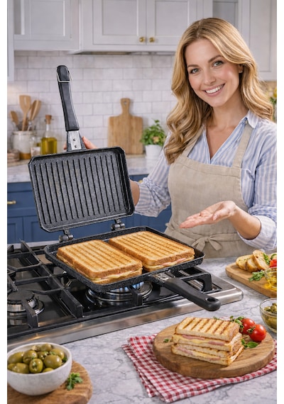 Granit Döküm Ocak Üstü El Tost Makinesi Siyah