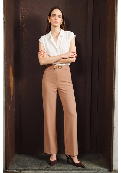 Sateen Aksesuar Detaylı Pantolon - Koyu Bej-137806