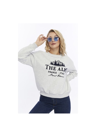 Gidia Kadife The Alps Desenli Gri Melanj Yumuşak Dokulu Regular Fit Bisiklet Yaka Kadın Sweatshirt Grimelanj