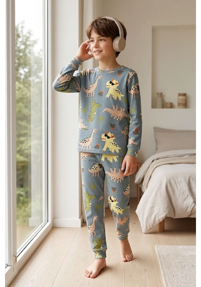 Zuzunga Dinozor Desenli Erkek Çocuk Pijama Takımı Gri