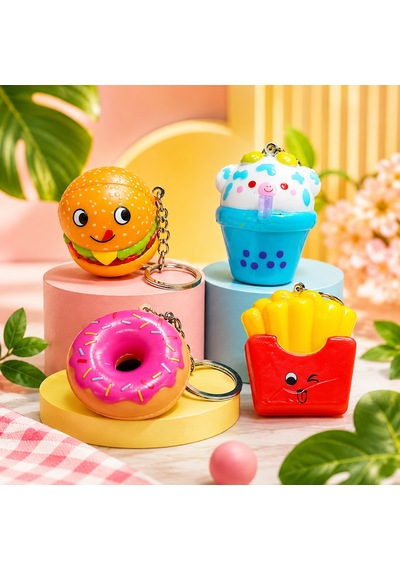 4 Adet Mini Fast Food Sukuşi Set Yumuşak Duyusal Oyuncak Hamburger Patates Donolt Cupcake Anahtarlık