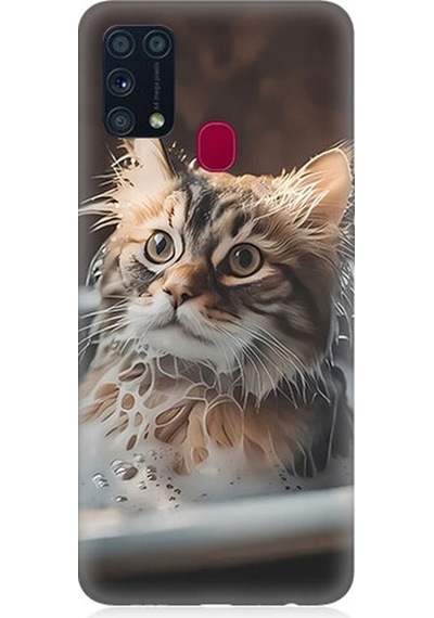 Samsung Galaxy M31 Uyumlu Banyo Yapan Kedi Desenli Silikon Kılıf