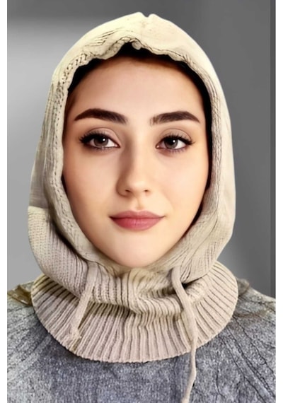 Uniquetrenders Balaclava Fitilli Triko Tesettür Örgü Bere Başlık Bej