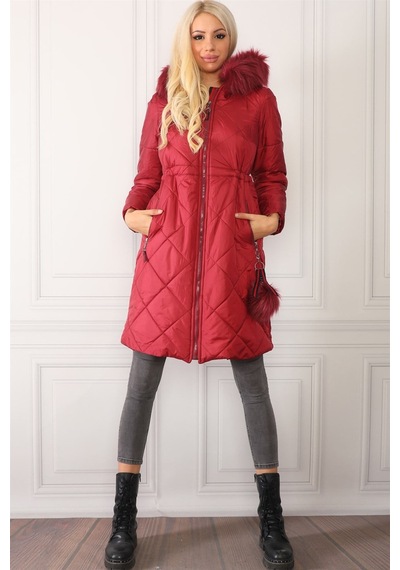Dewberry Z6646 Dewberryn Kürklü Ponponlu Bayan Kaban-bordo