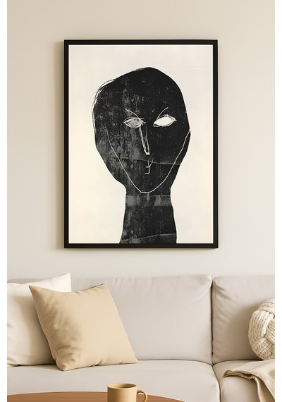 Lost Thought Siyah Ahşap Çerçeveli Poster, Dekoratif Soyut Monokrom Duvar Tablosu