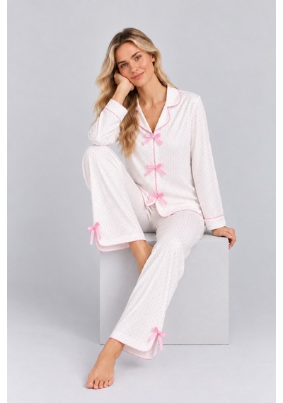 Pijamask Kadın Beyaz Pembe Puantiyeli Fiyonk Detaylı Bol Paça Pijama Takımı Beyaz
