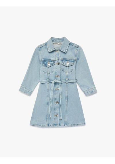 Koton Uzun Kollu Gömlek Yaka Cepli Kemerli Denim Elbise Lıght Indıgo 6skg80012ad Açık Mavi