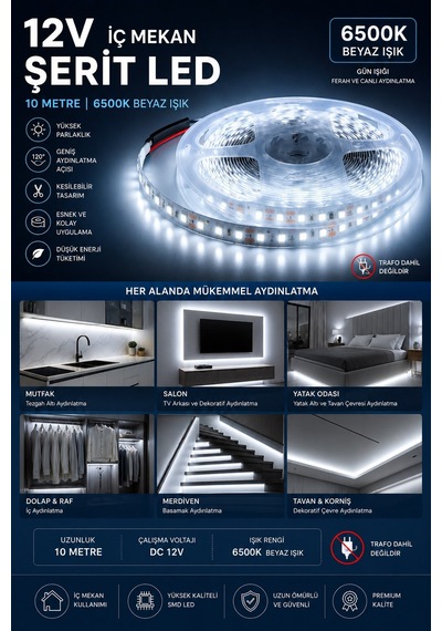 12v İç Mekan Şerit Led 10 Metre 6500k Beyaz Işık Kesilebilir Led Şerit Trafo Hariç 10 Metre Beyaz