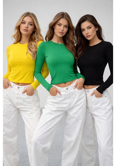Rich Kadın Siyah-sarı-yeşil 3'lü Paket Bisiklet Yaka Esnek Kumaşlı Vücuda Oturan Slim Fit Uzun Kollu Crop Body Sarı