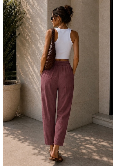 Bbbutikbasic Kadın Müslin Havuç Kesim Rahat Pantolon My3535 Mürdüm
