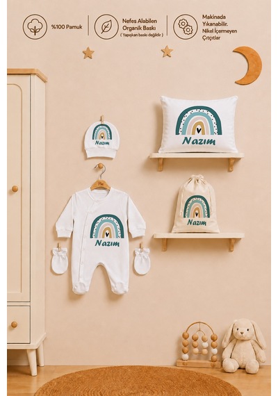 Pia Baby İsme Özel %100 Pamuk Erkek Bebek Yastık Battaniyeli Tulum Set Kese Hediyeli 1092tybk0x Krem
