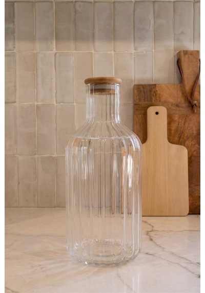 1350 Ml Cam Şişe Ahşap Kapaklı Cam Sürahi Çizgili Borosilikat Cam Şişe Şeffaf Cam Su Şişesi Mutfak İçecek Şişesi 11x25 Cm Şeffaf